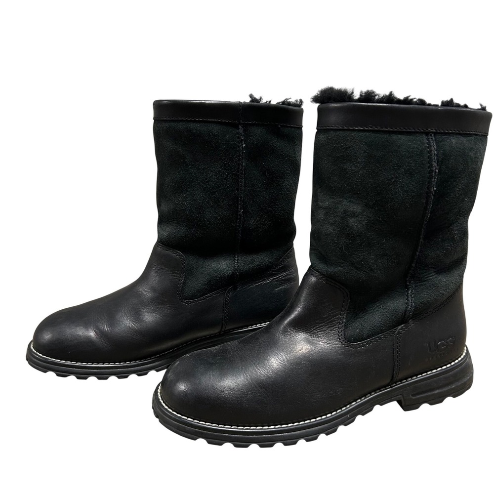 UGG Australia Women's Brooks Black Mid Calf Leather and Shearling Boots Size 9